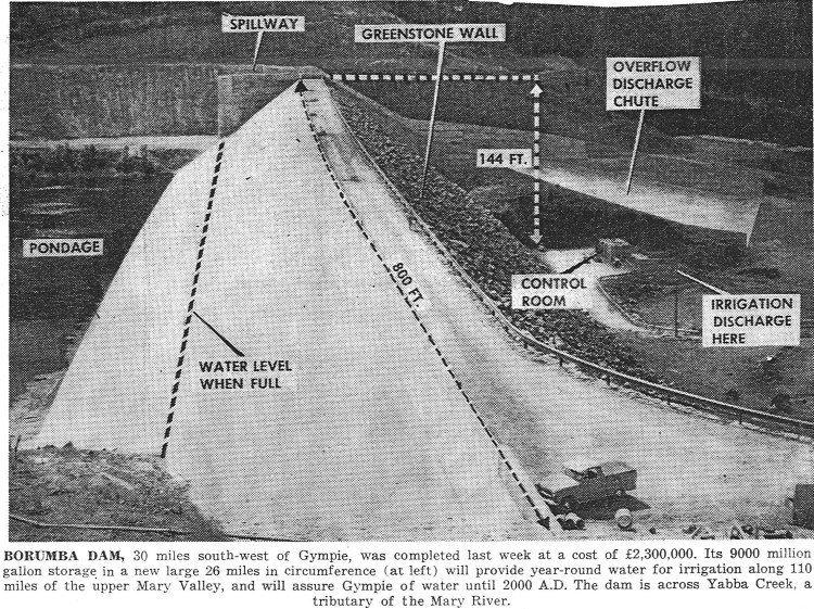 Borumba Dam, completion last week. Photo of spillway, greenstone wall, overflow discharge shoot, pondage - Gympie Times 1964