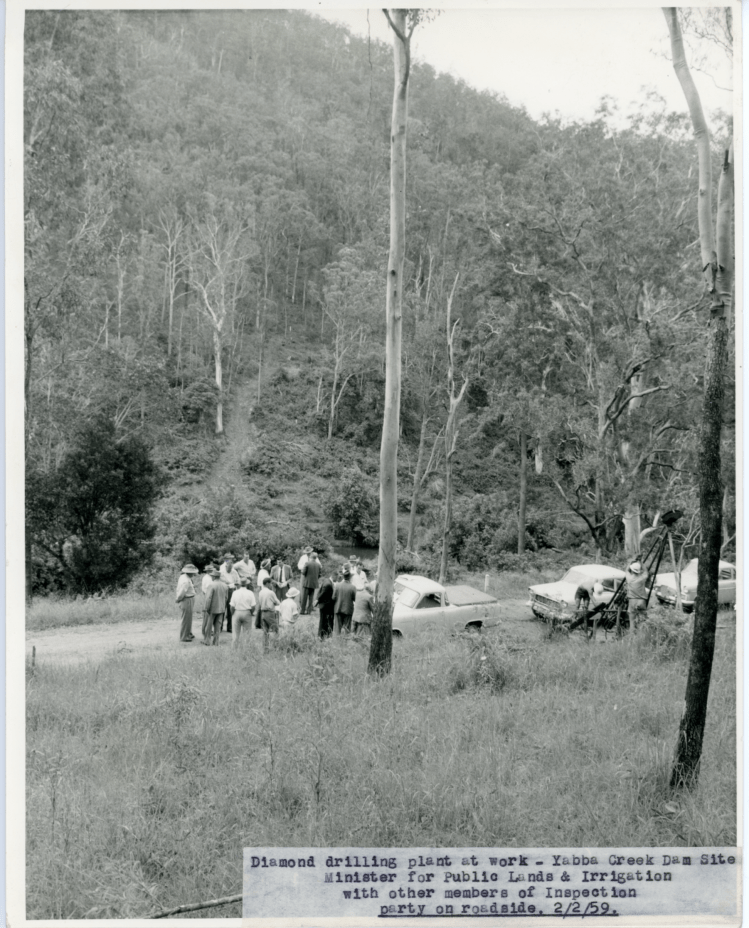 Borumba Dam - Minister or public lands & irrigation - A Muller and other members of the inspection party - Yabba Creek Dam site - 22-2-1959