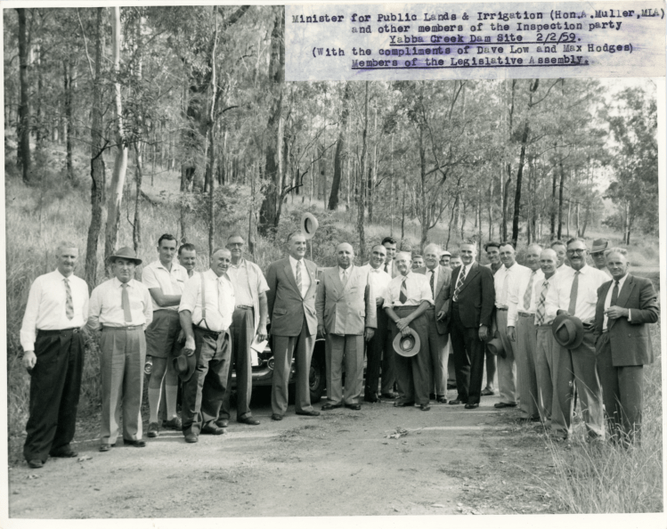 Borumba Dam - Minister or public lands & irrigation - A Muller and other members of the inspection party - Yabba Creek Dam site - 22-2-59