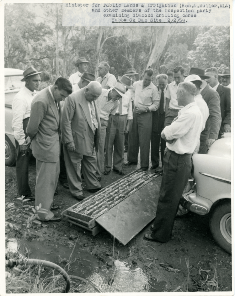 Borumba Dam - Minister or public lands & irrigation - A Muller and other members of the inspection party - Yabba Creek Dam site diamond drilling - 22-2-59