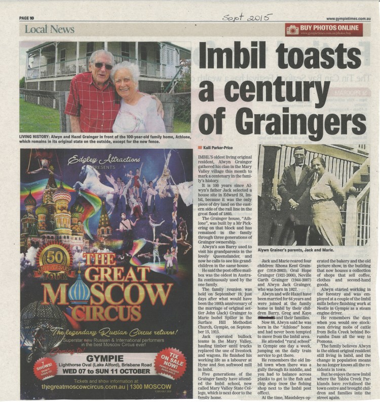 Imbil toasts a century of Graingers - Gympie Times Sept 2015 page 10 - donated by Barry Grainger