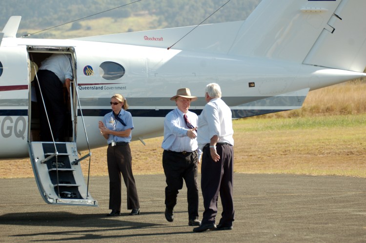 Former Premier Peter Beattie (State MP 1998-2007), Mr Mick Venardos (Mayor of Cooloola/Gympie 1997-2008) meet at the airport - Traveston Dam protest - April 2006 - Gympie Times collection