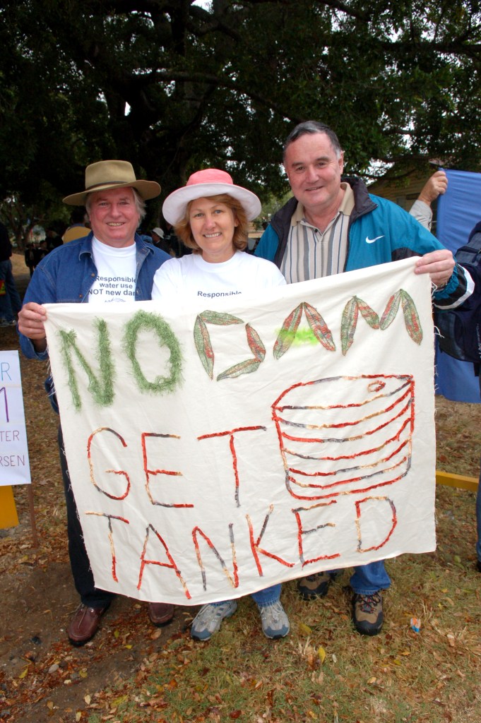 John and Robyn Dorinski from Kandanga with friend Keith Hutchinson from Gladstone at the Anti Dam Rally - Traveston Dam protest - June 2006 - Gympie Times collection