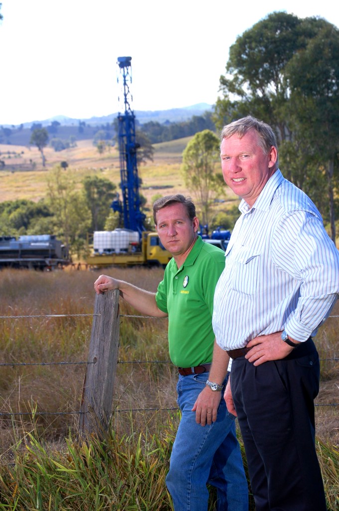 David Gibson (Member for Gympie 2006-2015) and Jeff Seeney (Liberal/National party 1998-2017) look over the latest site of drilling operations on the western side of Traveston Crossing - Gympie Times collection