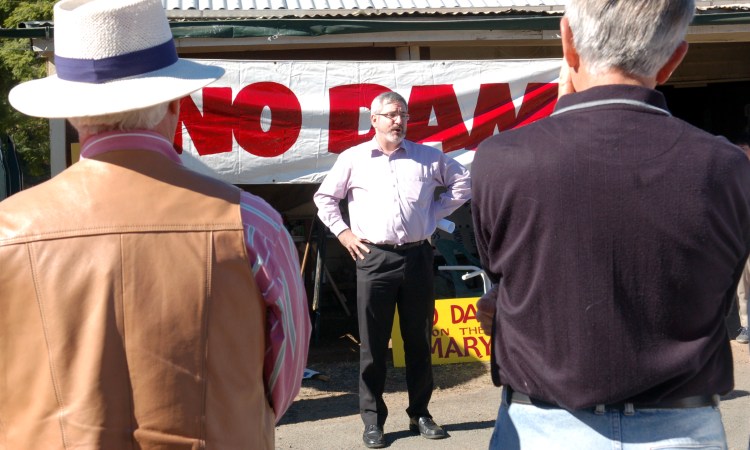Senator Andrew Bartlett (Democrats 1997-2008) talks to the Anti Dam protesters at Kandanga - Gympie Times collection